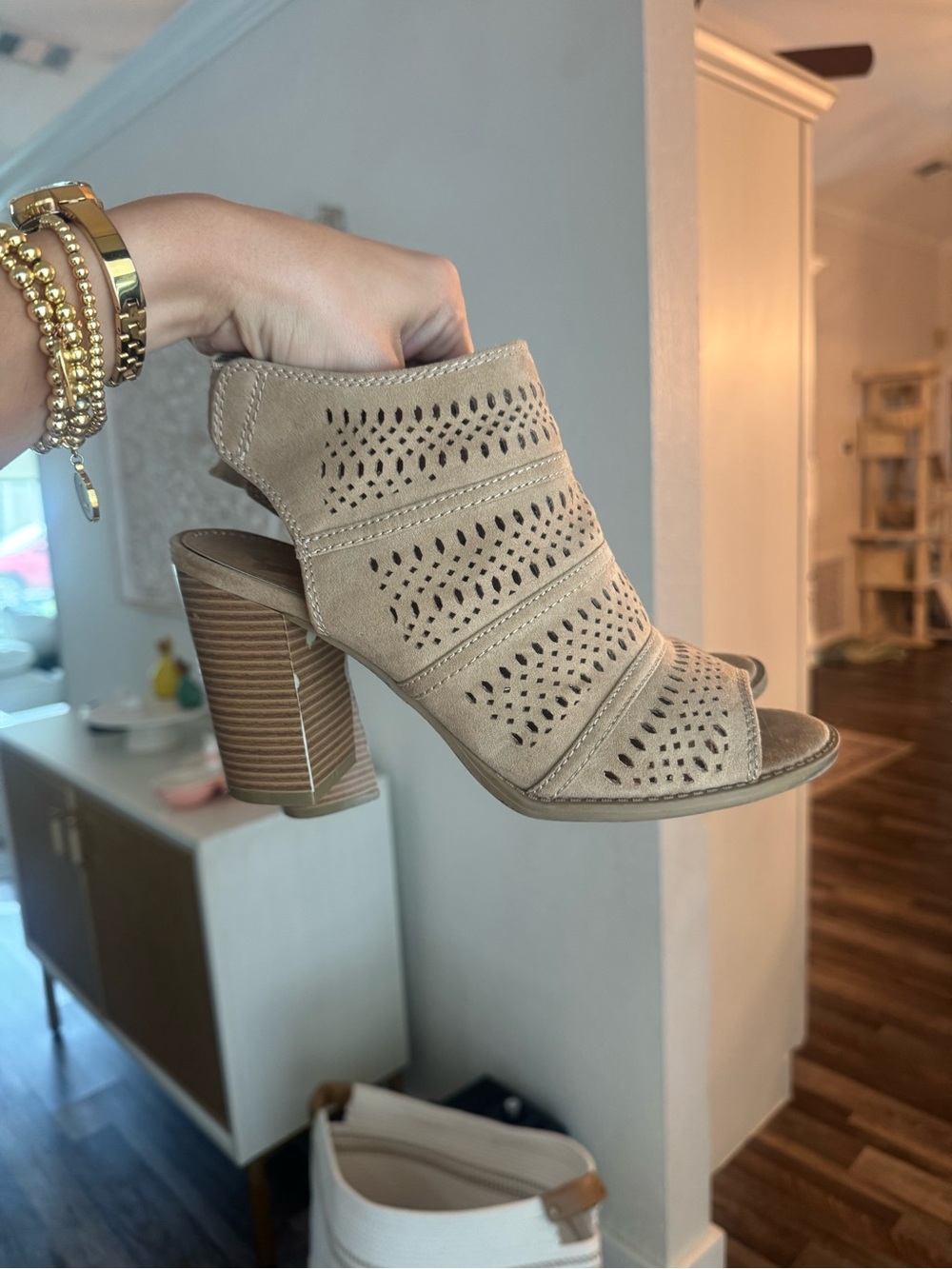 Women's Taupe Perforated Suede Block Heel Bootie -